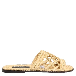 Beige Straw Raffia Slides Sandals Flats Shoes