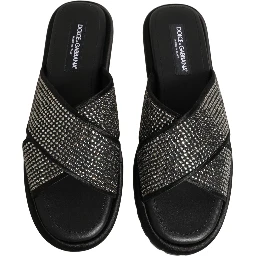 Black Strass Criss Cross Slide Sandals Shoes