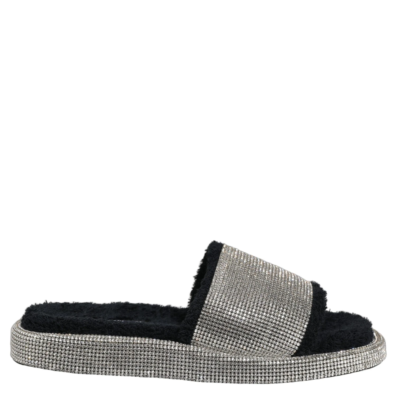 Black Crystal Embellished Platform Men Slides Shoes