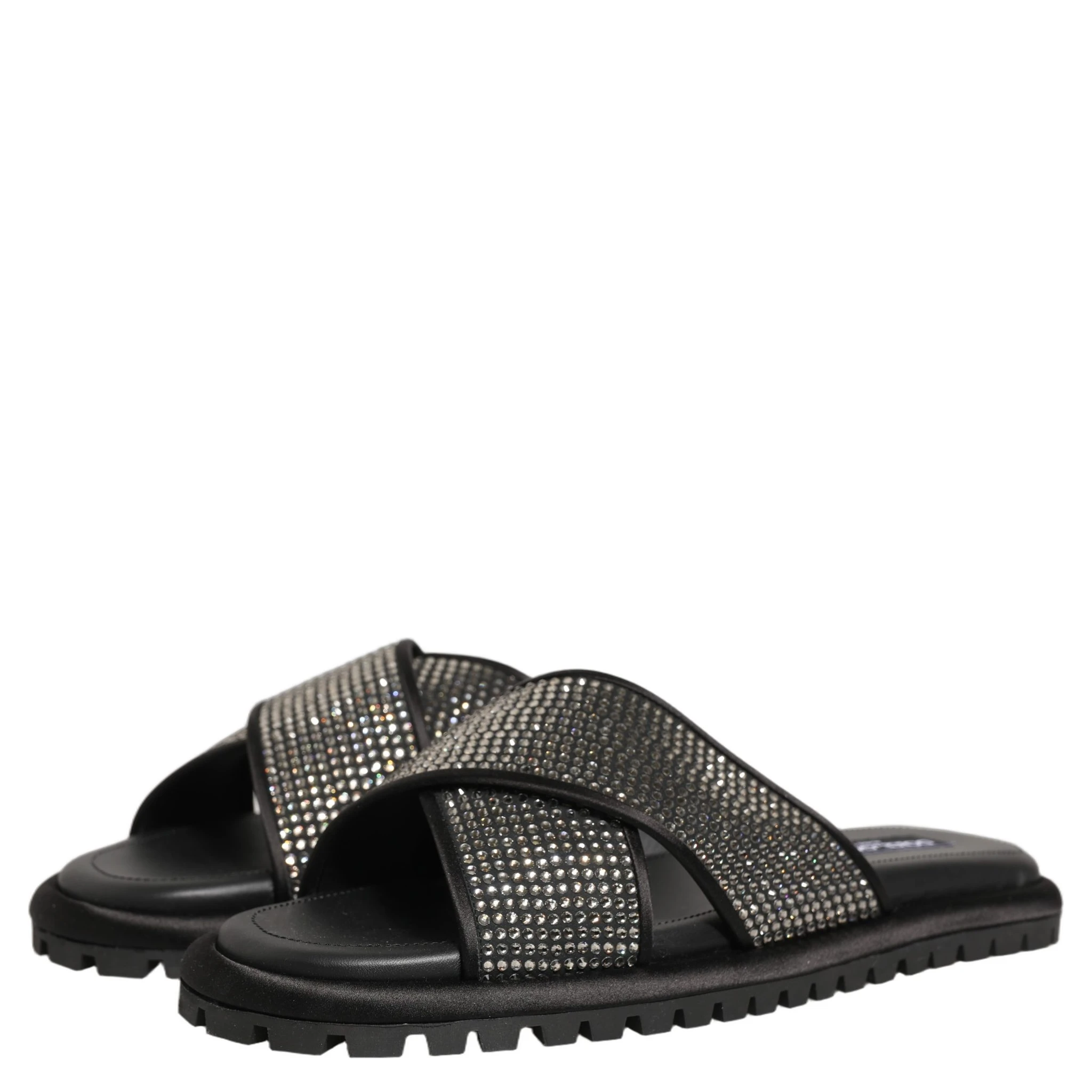 Black Strass Criss Cross Slide Sandals Shoes