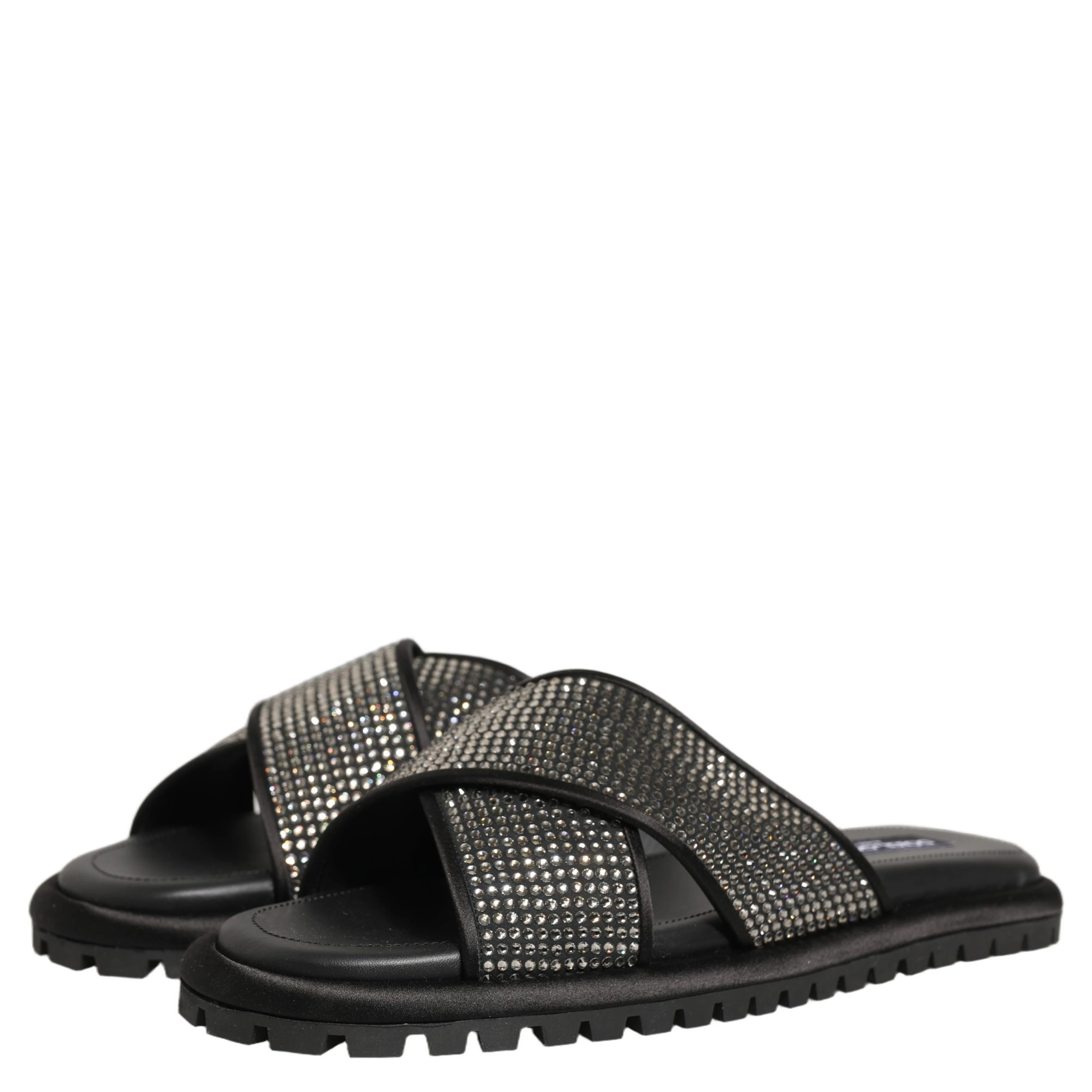 Black Strass Criss Cross Slide Sandals Shoes