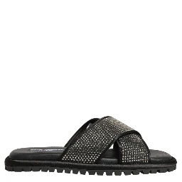 Black Strass Criss Cross Slide Sandals Shoes