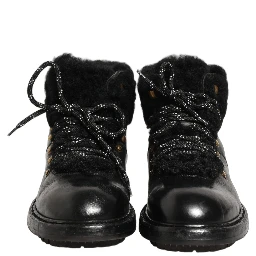 Black Trekking Fur Lace Leather Boots Shoes