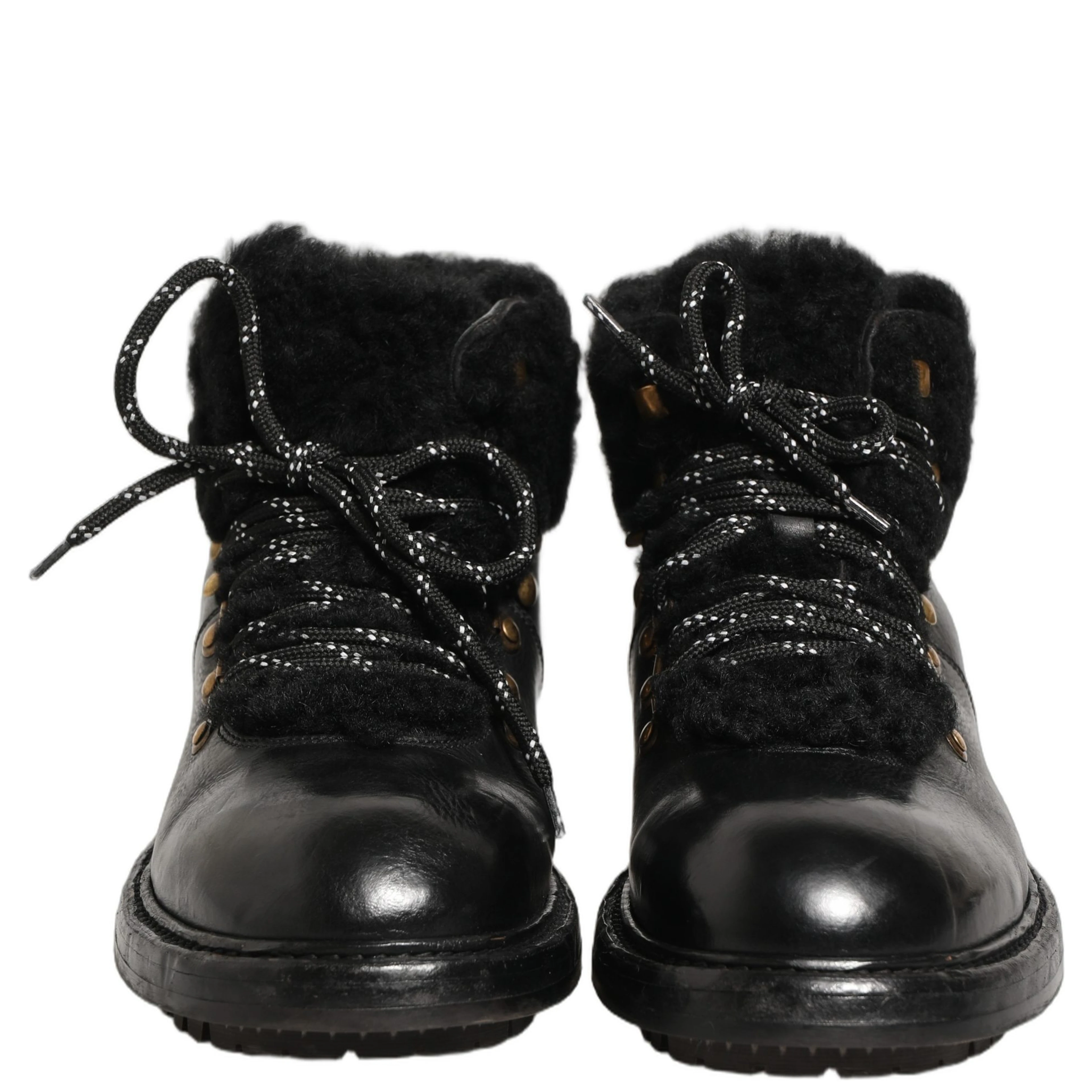 Black Trekking Fur Lace Leather Boots Shoes