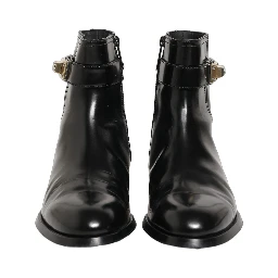 Black Leather Logo Buckle Mid Calf Boots Shoes