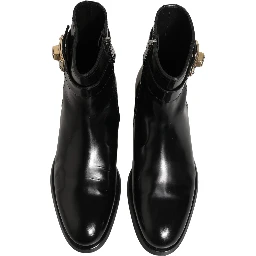 Black Leather Logo Buckle Mid Calf Boots Shoes