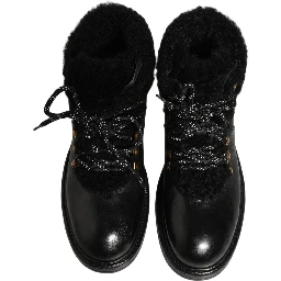Black Trekking Fur Lace Leather Boots Shoes