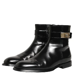 Black Leather Logo Buckle Mid Calf Boots Shoes