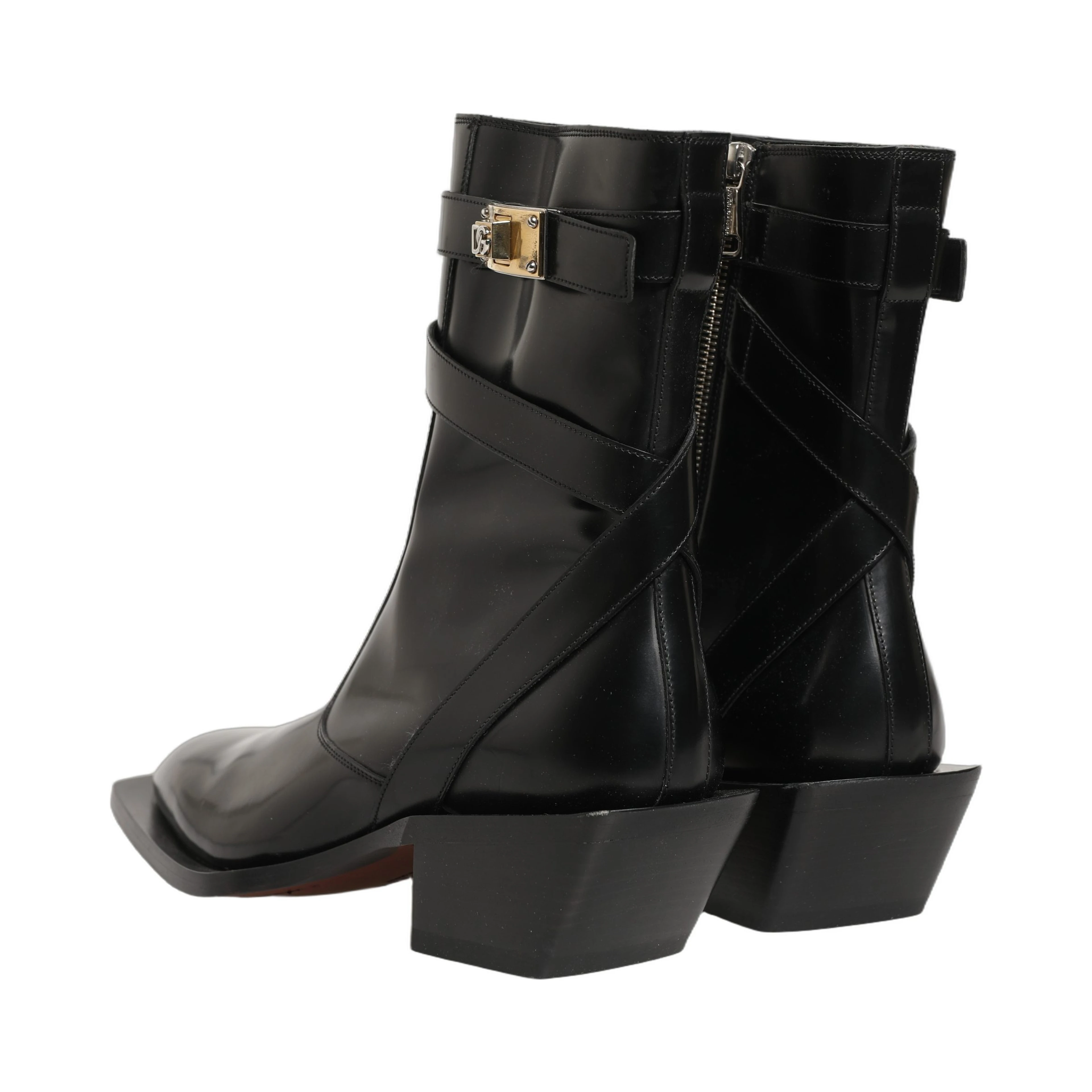 Black Leather DG Plaque Mid Calf Boots Shoes
