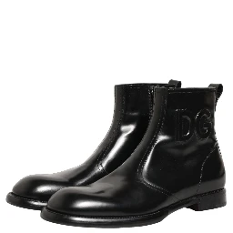 Black Leather Embossed Logo Ankle Boots Shoes