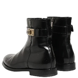 Black Leather Logo Buckle Mid Calf Boots Shoes