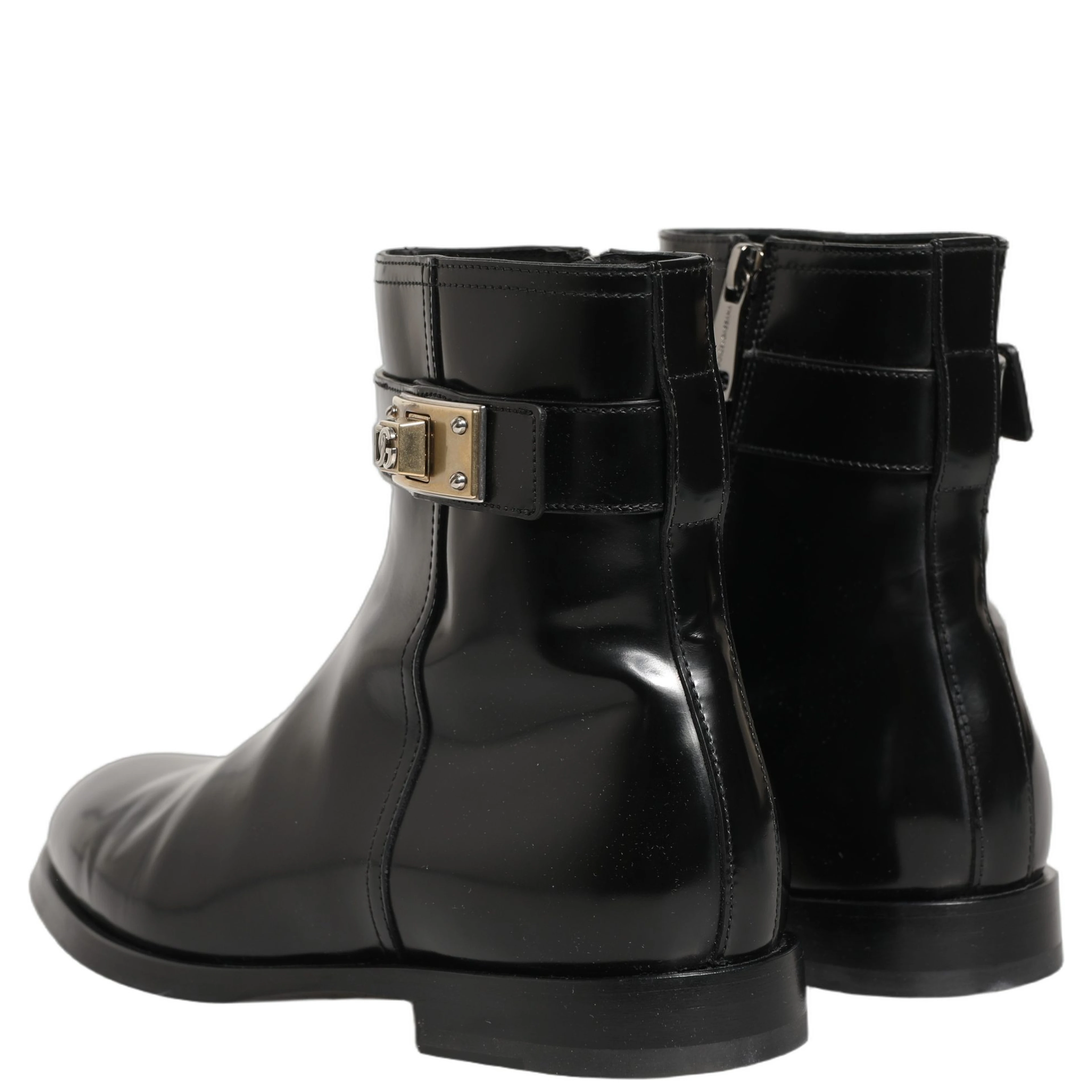 Black Leather Logo Buckle Mid Calf Boots Shoes