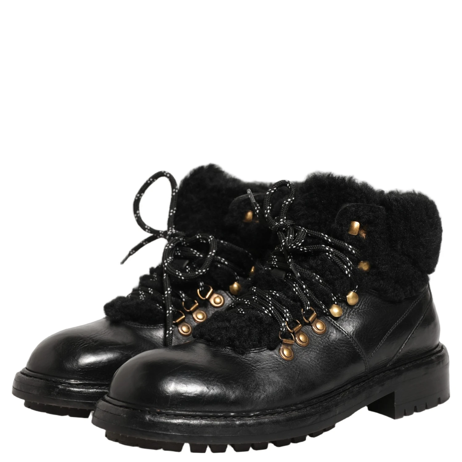 Black Trekking Fur Lace Leather Boots Shoes