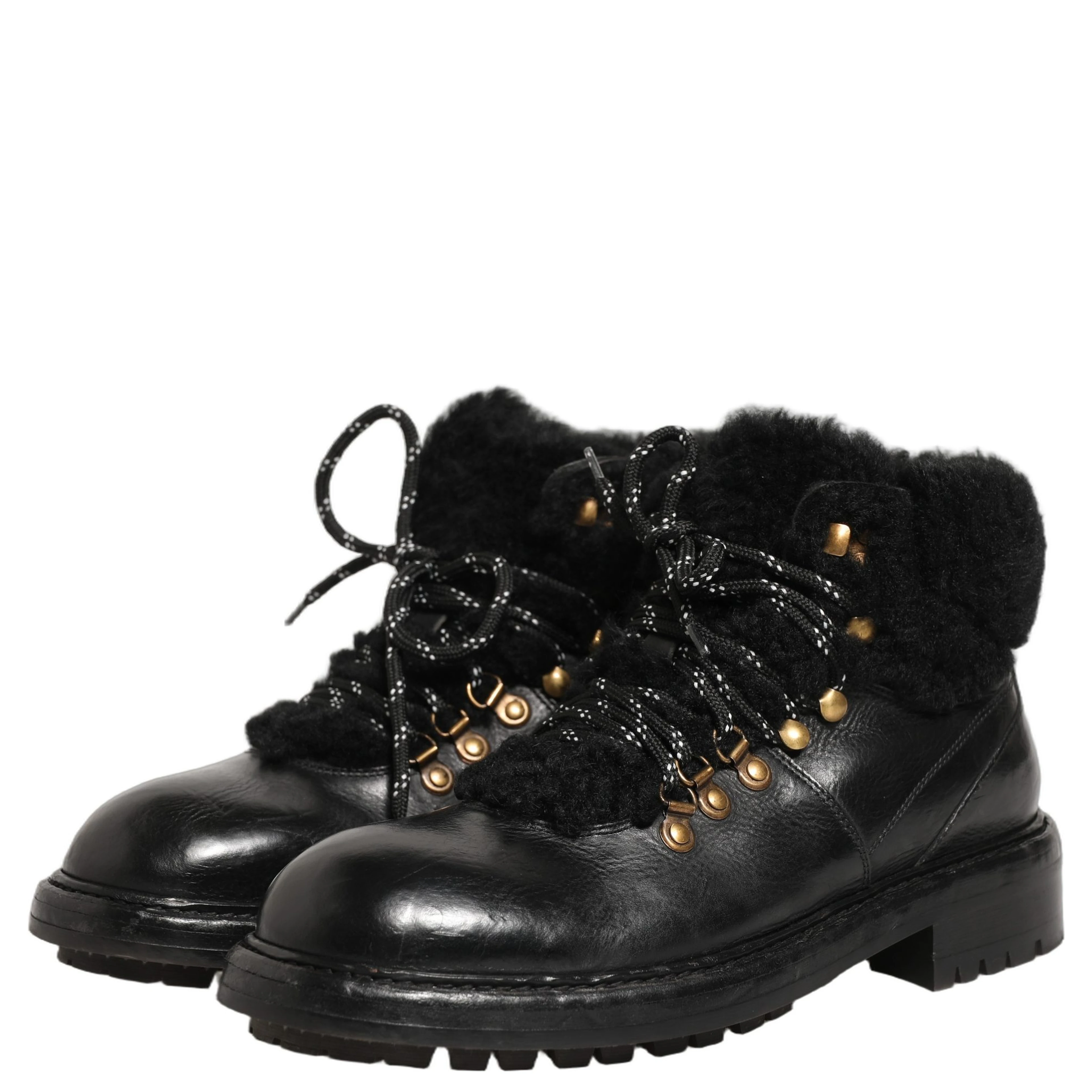 Black Trekking Fur Lace Leather Boots Shoes