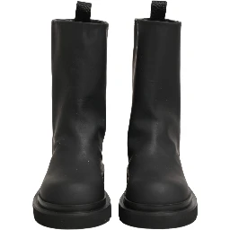Black Leather Mid Calf Chunky Men Boots Shoes