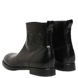 Black Leather Embossed Logo Ankle Boots Shoes