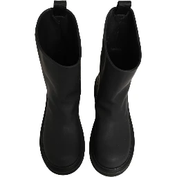 Black Leather Mid Calf Chunky Men Boots Shoes