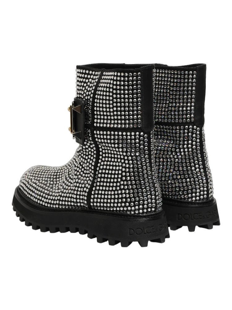 Black Crystal Embellished Short Boots Shoes