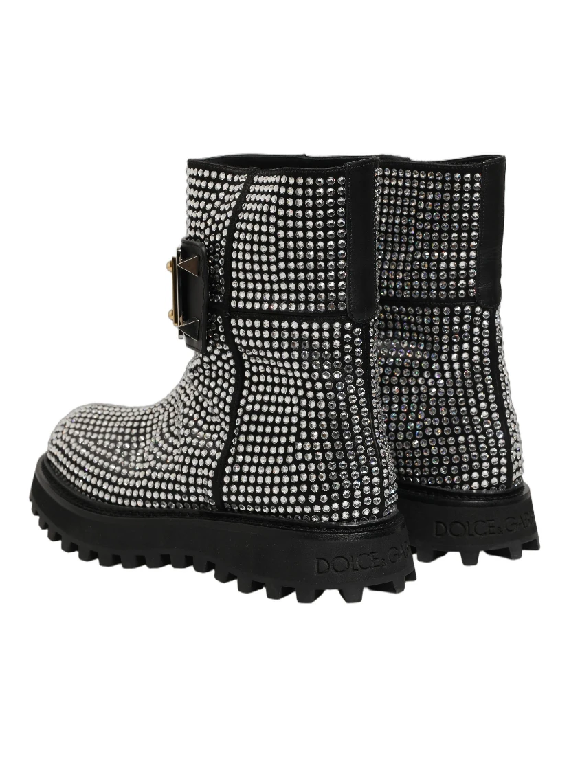 Black Crystal Embellished Short Boots Shoes