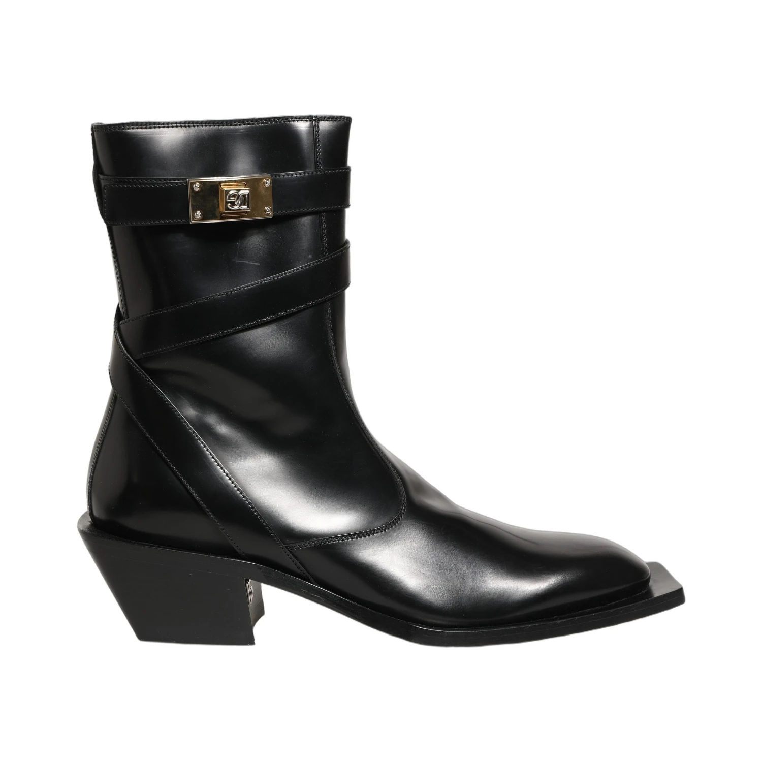 Black Leather DG Plaque Mid Calf Boots Shoes