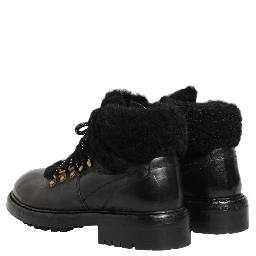 Black Trekking Fur Lace Leather Boots Shoes