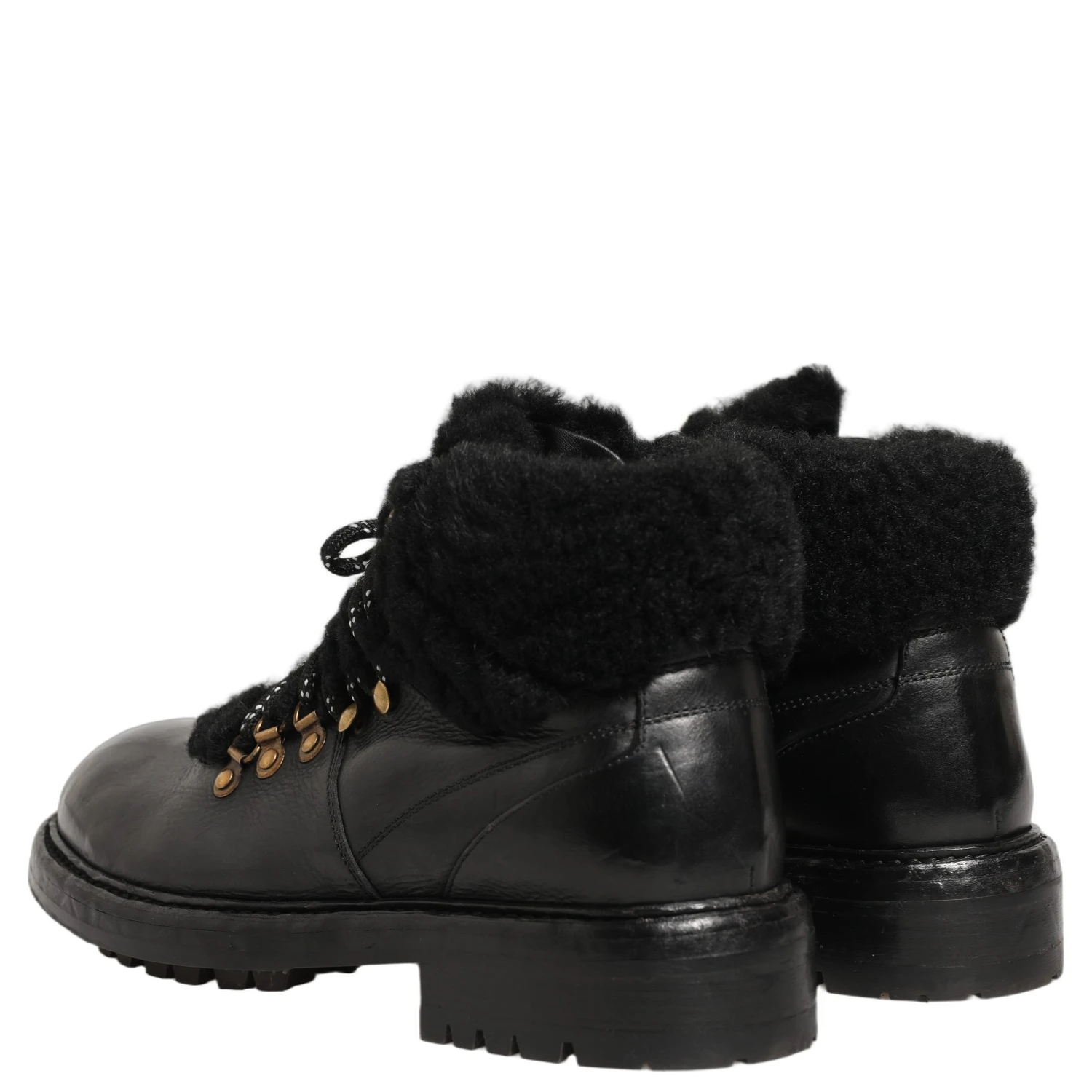 Black Trekking Fur Lace Leather Boots Shoes