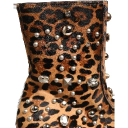 Brown Leopard Embellished Mid Calf Men Boots Shoes