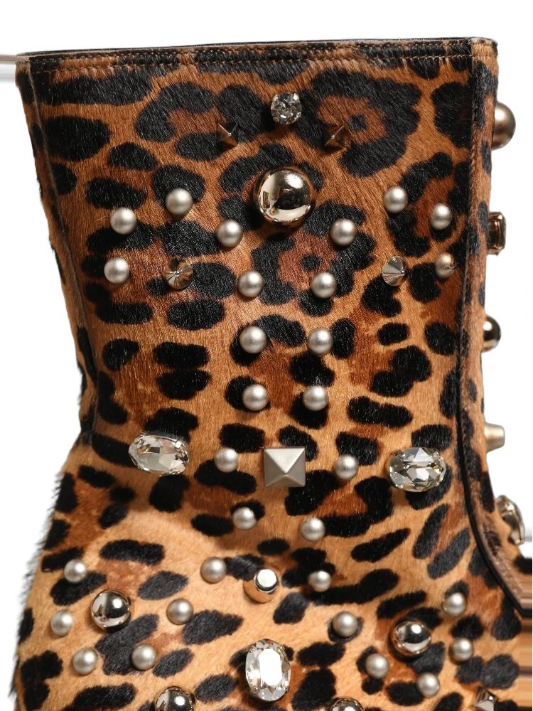 Brown Leopard Embellished Mid Calf Men Boots Shoes