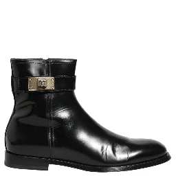 Black Leather Logo Buckle Mid Calf Boots Shoes