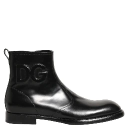 Black Leather Embossed Logo Ankle Boots Shoes