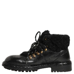 Black Trekking Fur Lace Leather Boots Shoes