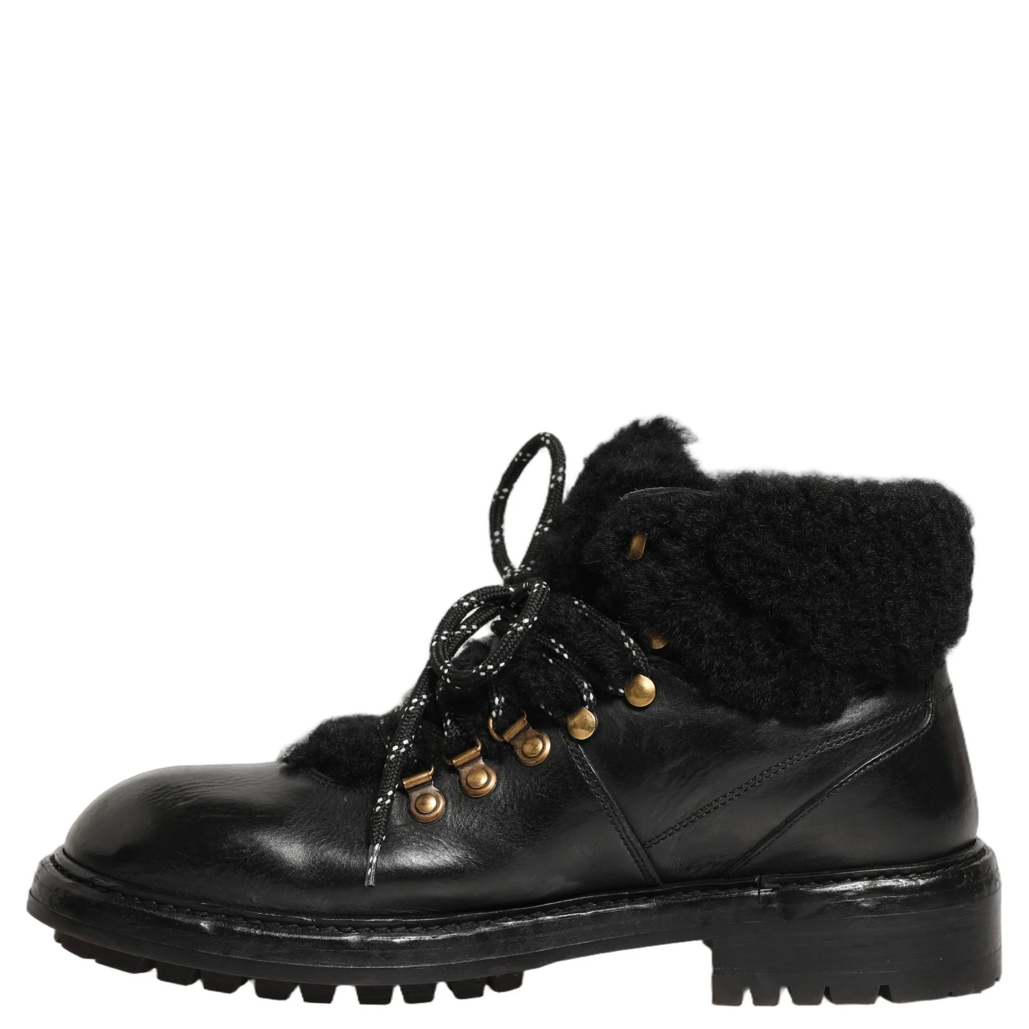 Black Trekking Fur Lace Leather Boots Shoes