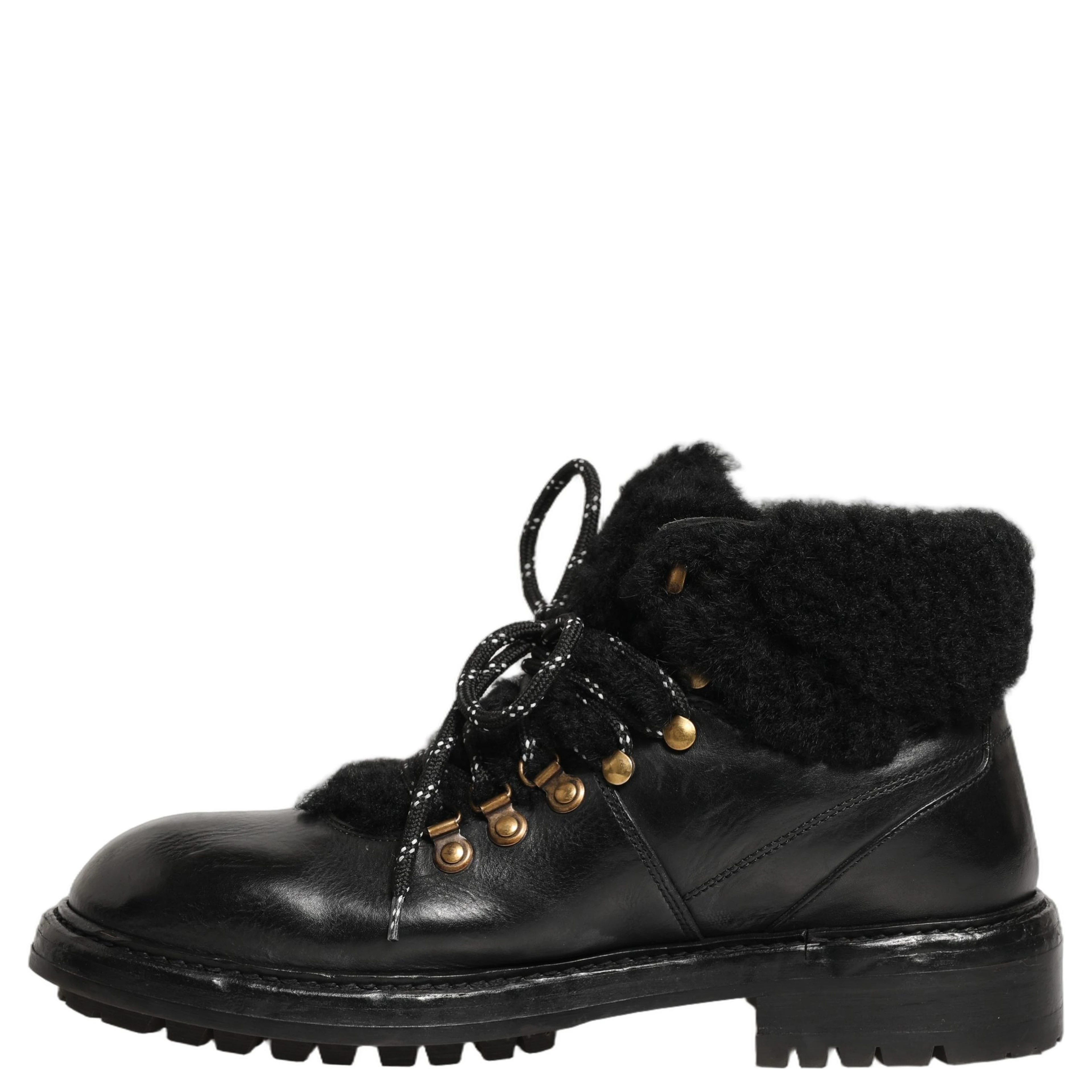 Black Trekking Fur Lace Leather Boots Shoes
