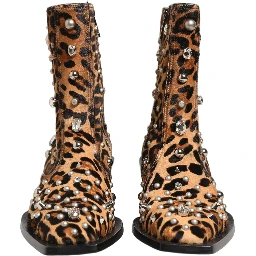 Brown Leopard Embellished Mid Calf Men Boots Shoes