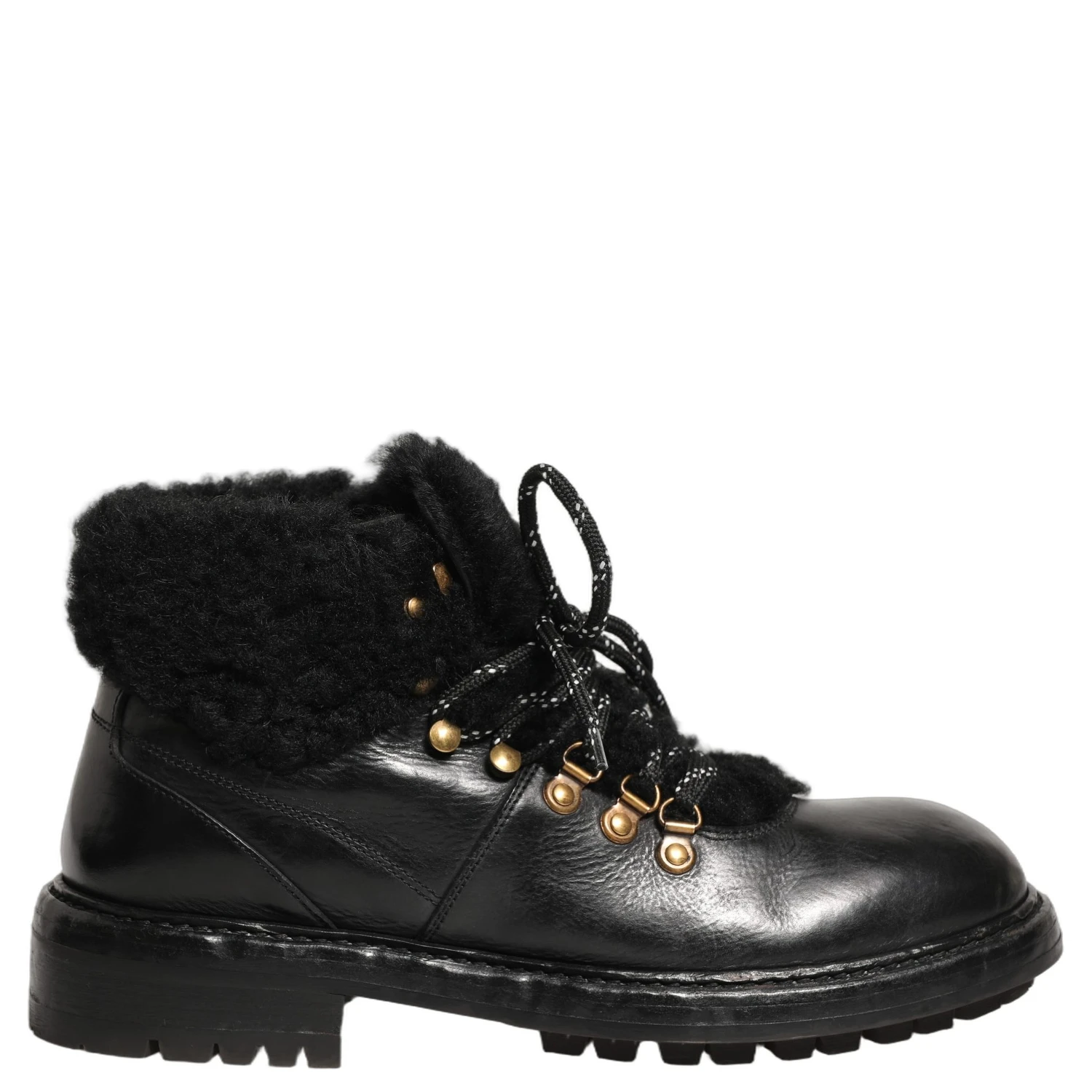 Black Trekking Fur Lace Leather Boots Shoes