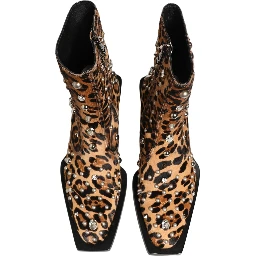 Brown Leopard Embellished Mid Calf Men Boots Shoes