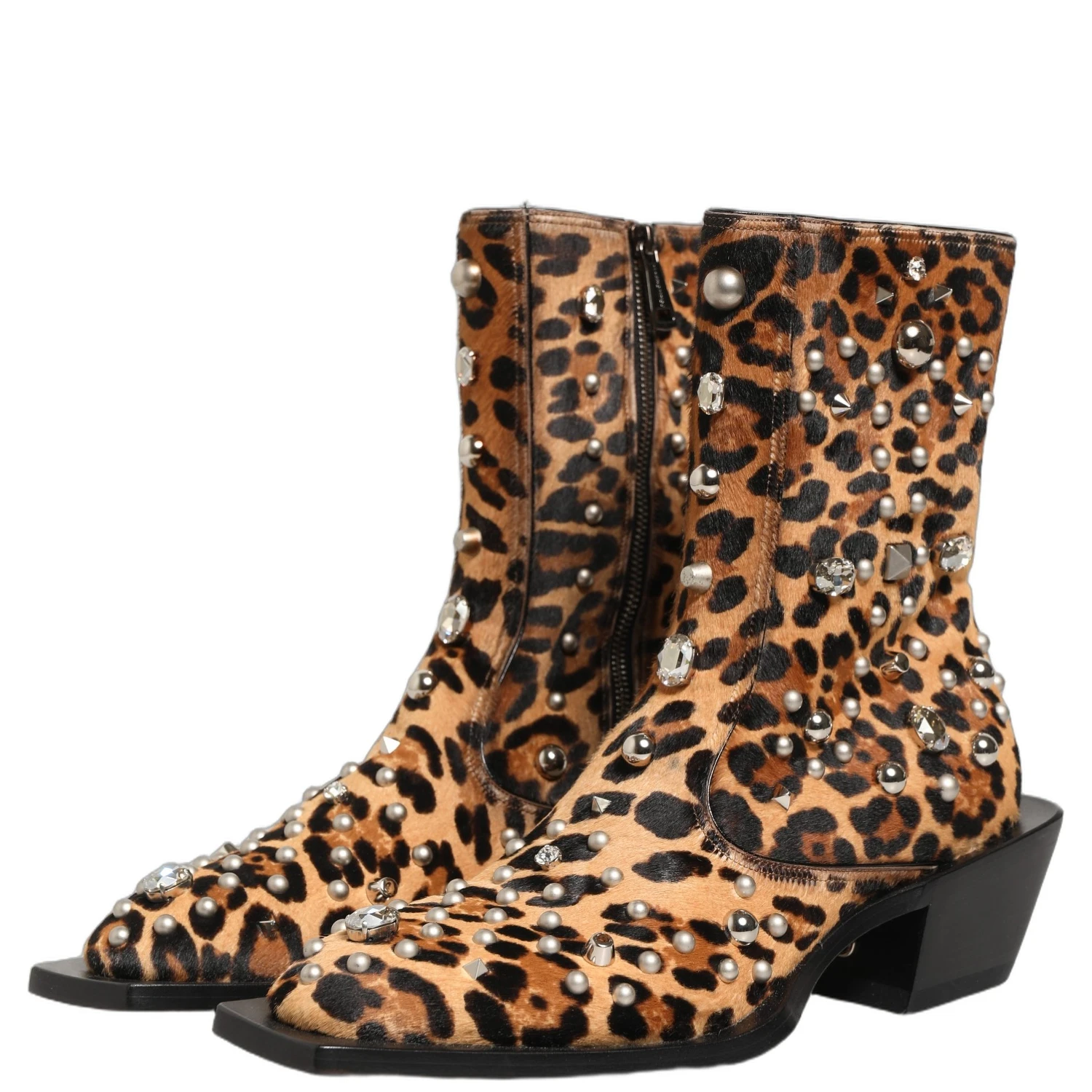 Brown Leopard Embellished Mid Calf Men Boots Shoes