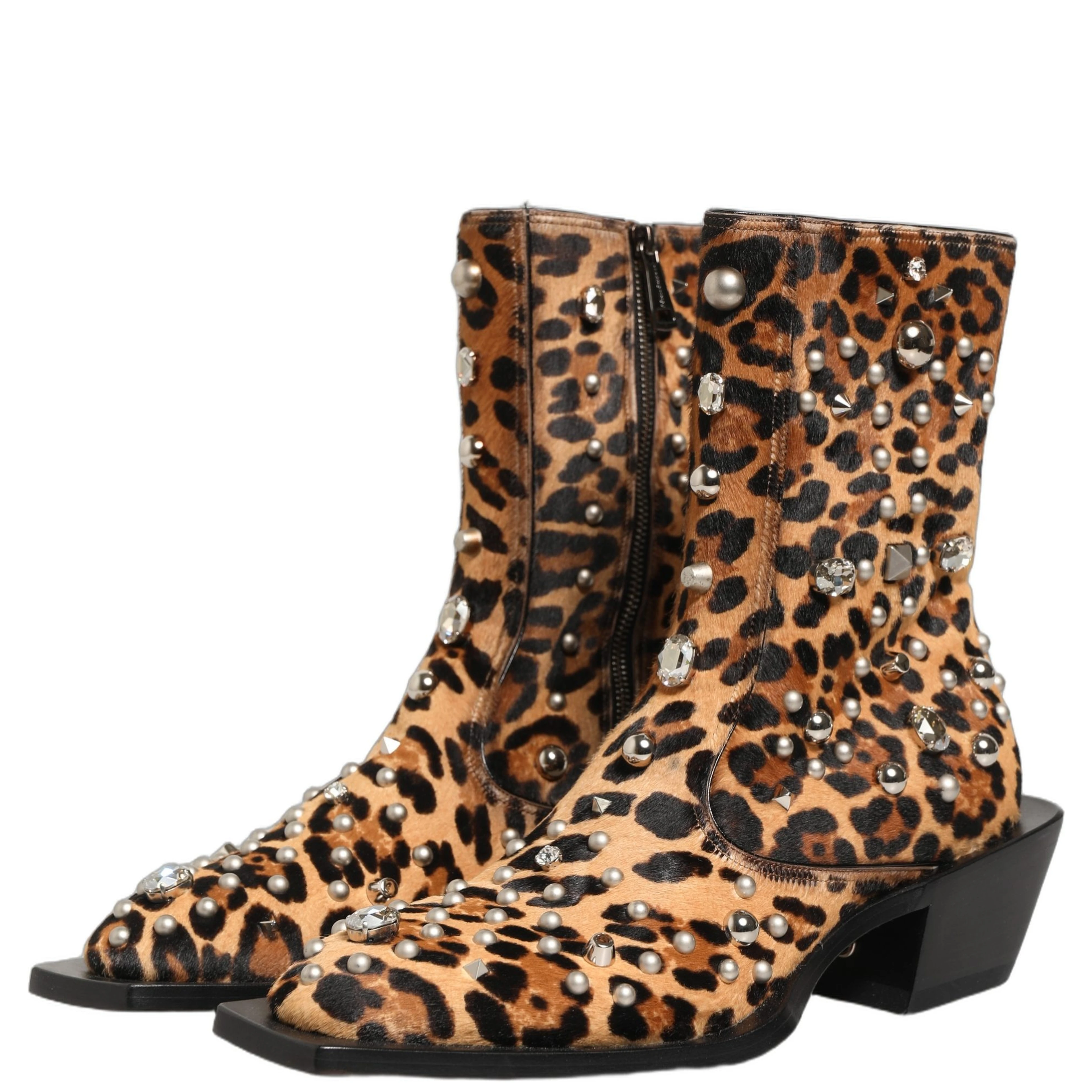 Brown Leopard Embellished Mid Calf Men Boots Shoes