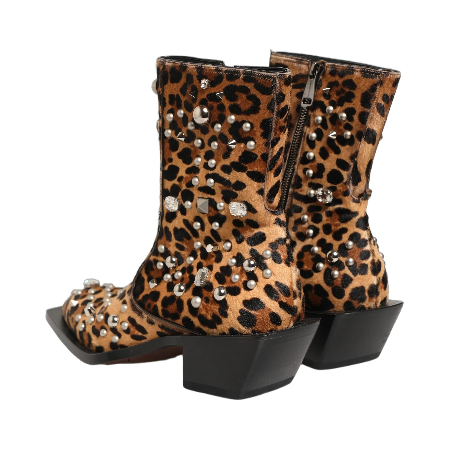 Brown Leopard Embellished Mid Calf Men Boots Shoes