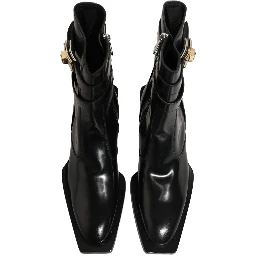 Black Leather DG Plaque Mid Calf Boots Shoes