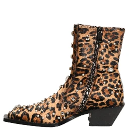 Brown Leopard Embellished Mid Calf Men Boots Shoes