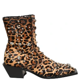 Brown Leopard Embellished Mid Calf Men Boots Shoes