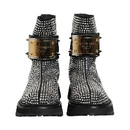 Black Crystal Embellished Short Boots Shoes