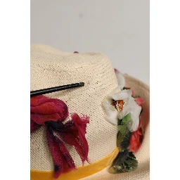 Women Beige Floral Apllique Straw Bucket Hat