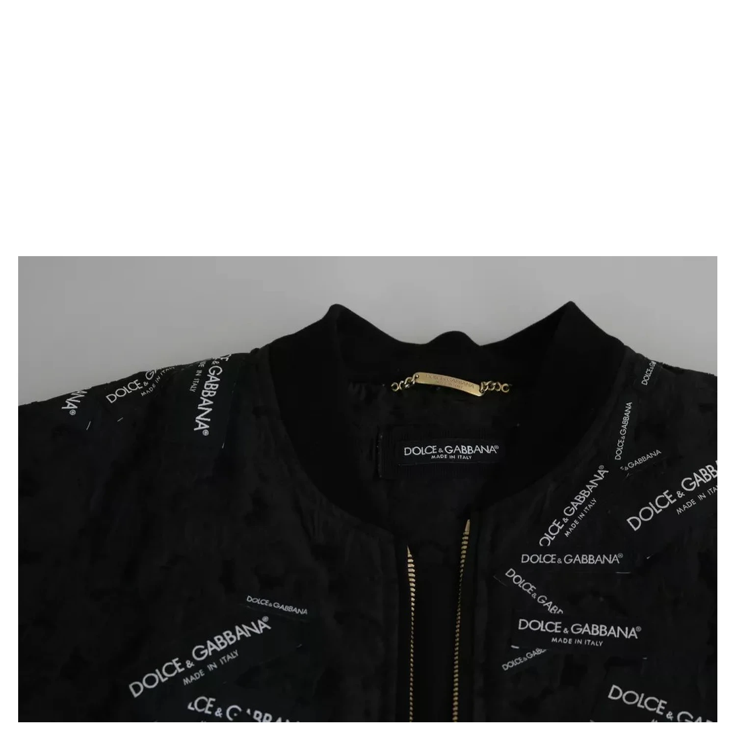 Black Logo Patch Brocade Bomber Full Zip Jacket