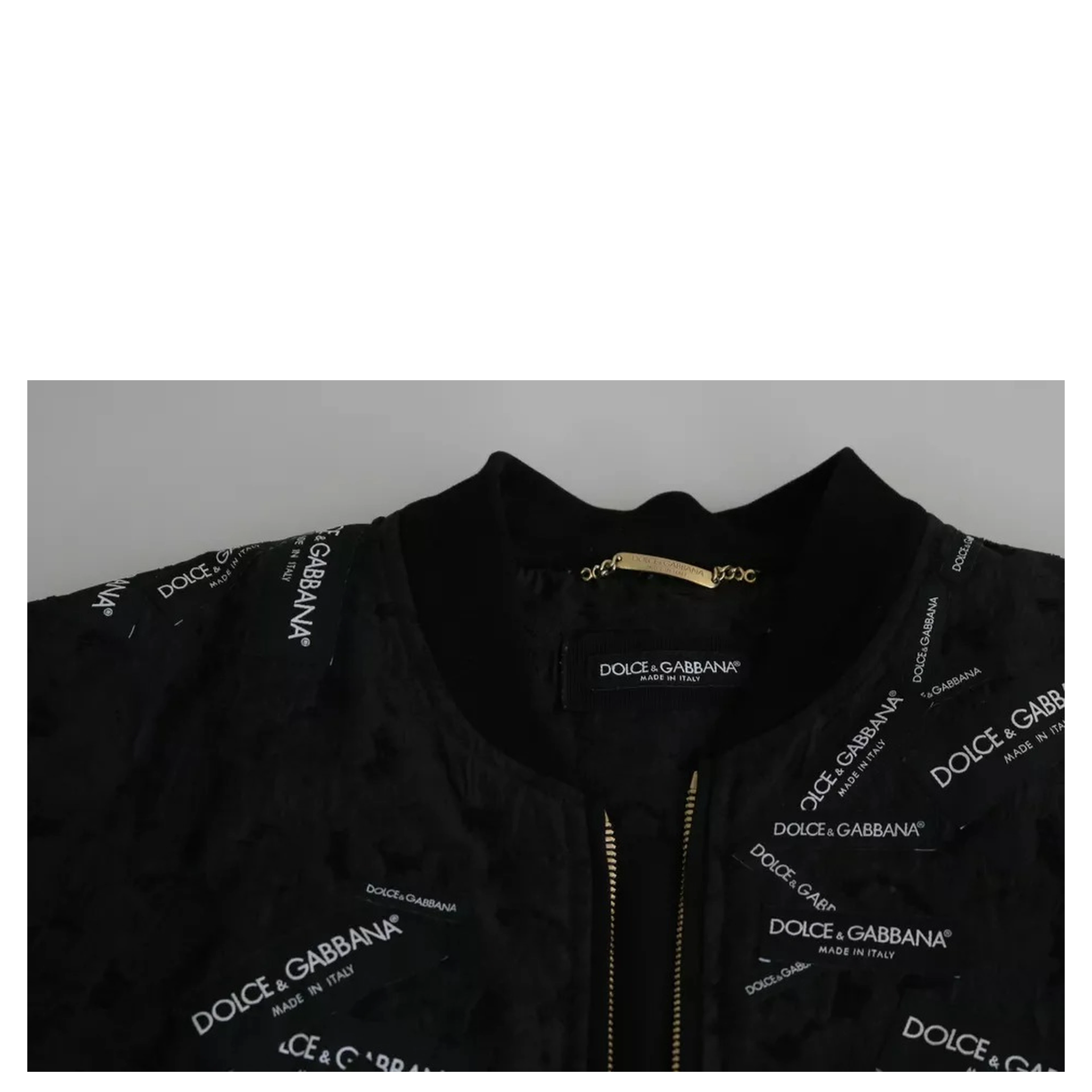 Black Logo Patch Brocade Bomber Full Zip Jacket