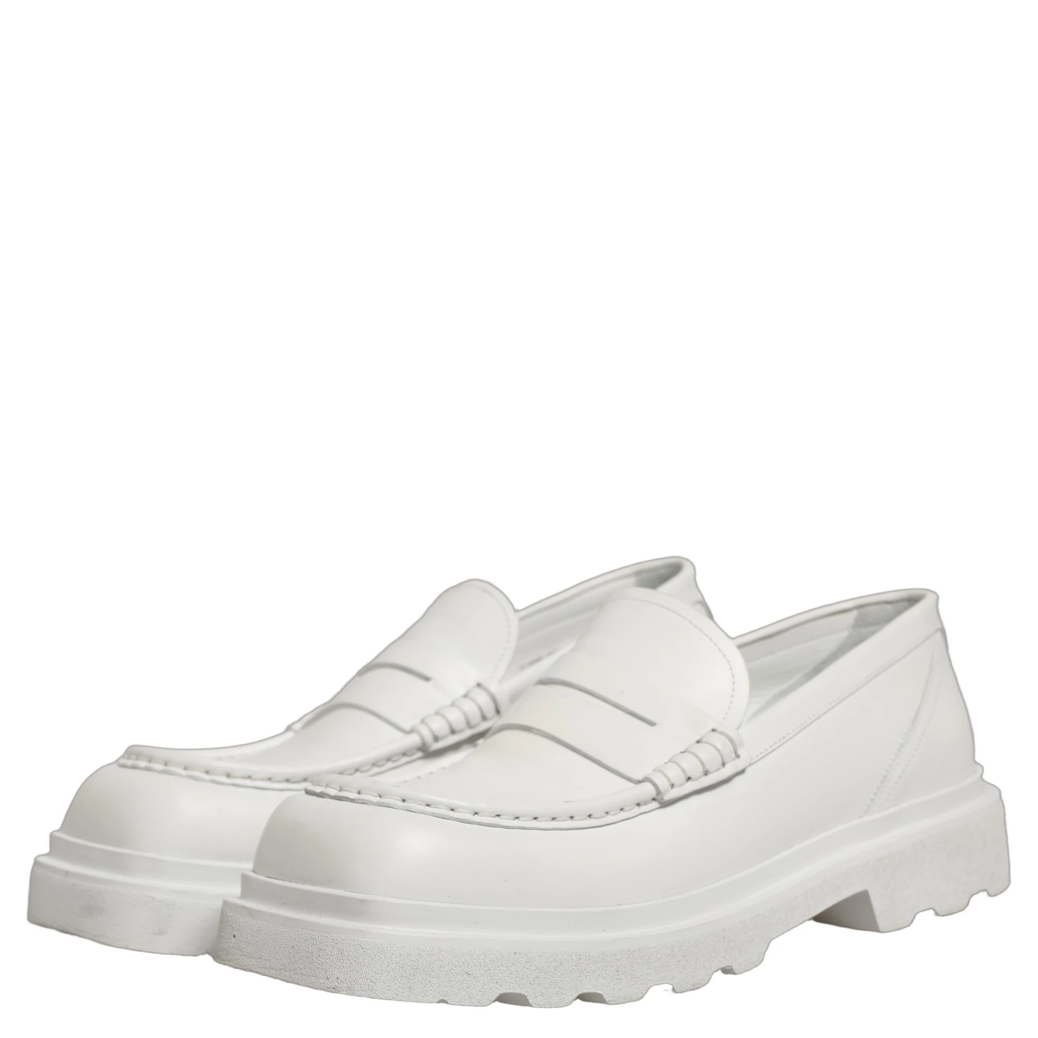 White Leather Chunky Sole Slip On Derby Shoes