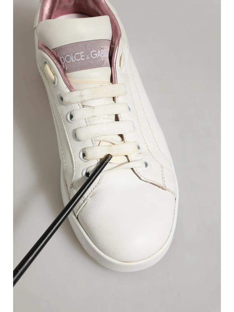 White Pink Leather Low Top Sneakers Shoes
