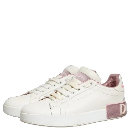 White Pink Leather Low Top Sneakers Shoes