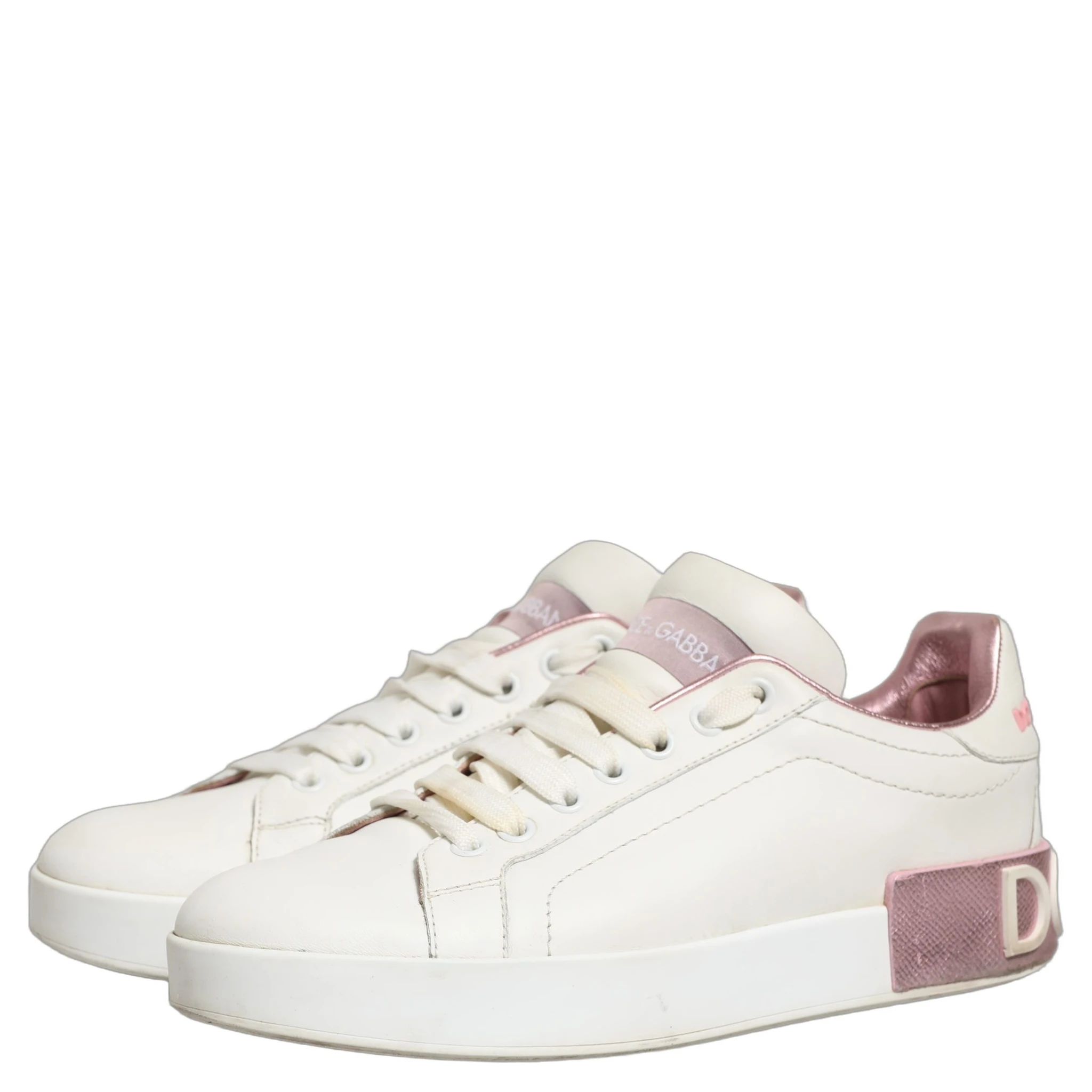 White Pink Leather Low Top Sneakers Shoes